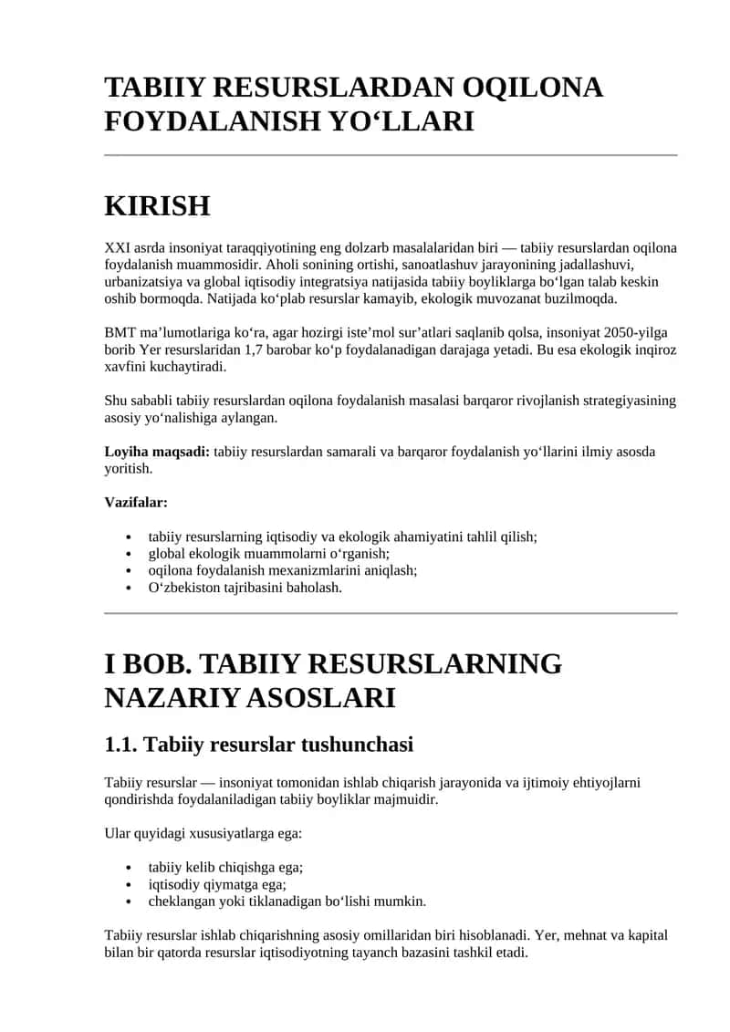TABIIY RESURSLARDAN OQILONA FOYDALANISH YO‘LLARI