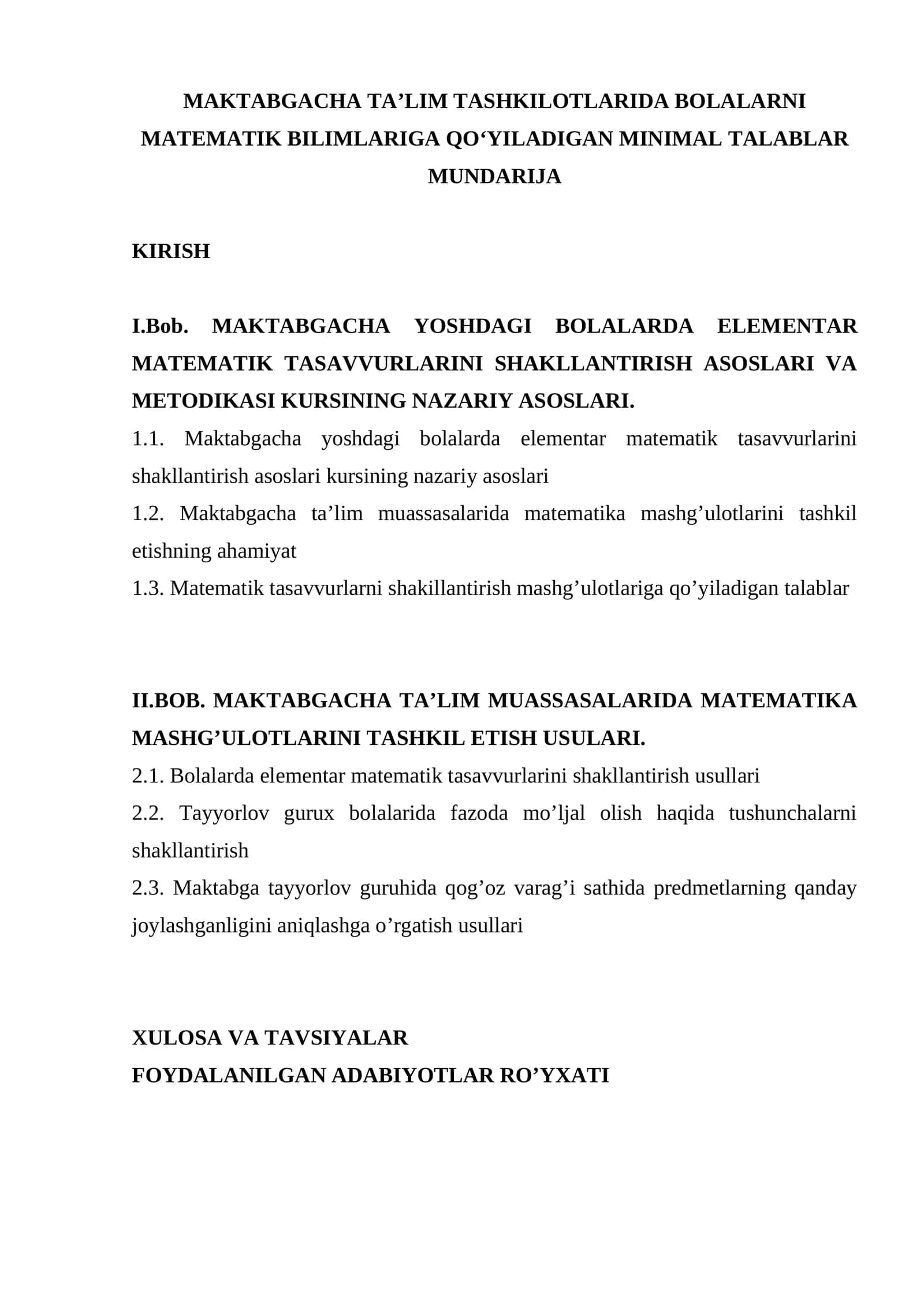 MAKTABGACHA TAʼLIM TASHKILOTLARIDA BOLALARNI MATEMATIK BILIMLARIGA QOʻYILADIGAN MINIMAL TALABLAR