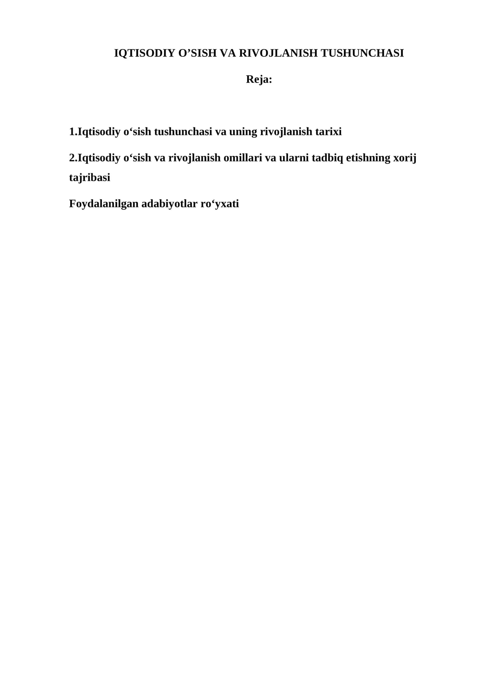 Iqtisodiy o‘sish va rivojlanish tushunchasi
