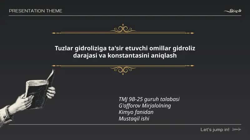 Tuzlar gidroliziga ta'sir etuvchi omillar gidroliz darajasi va konstantasini aniqlash