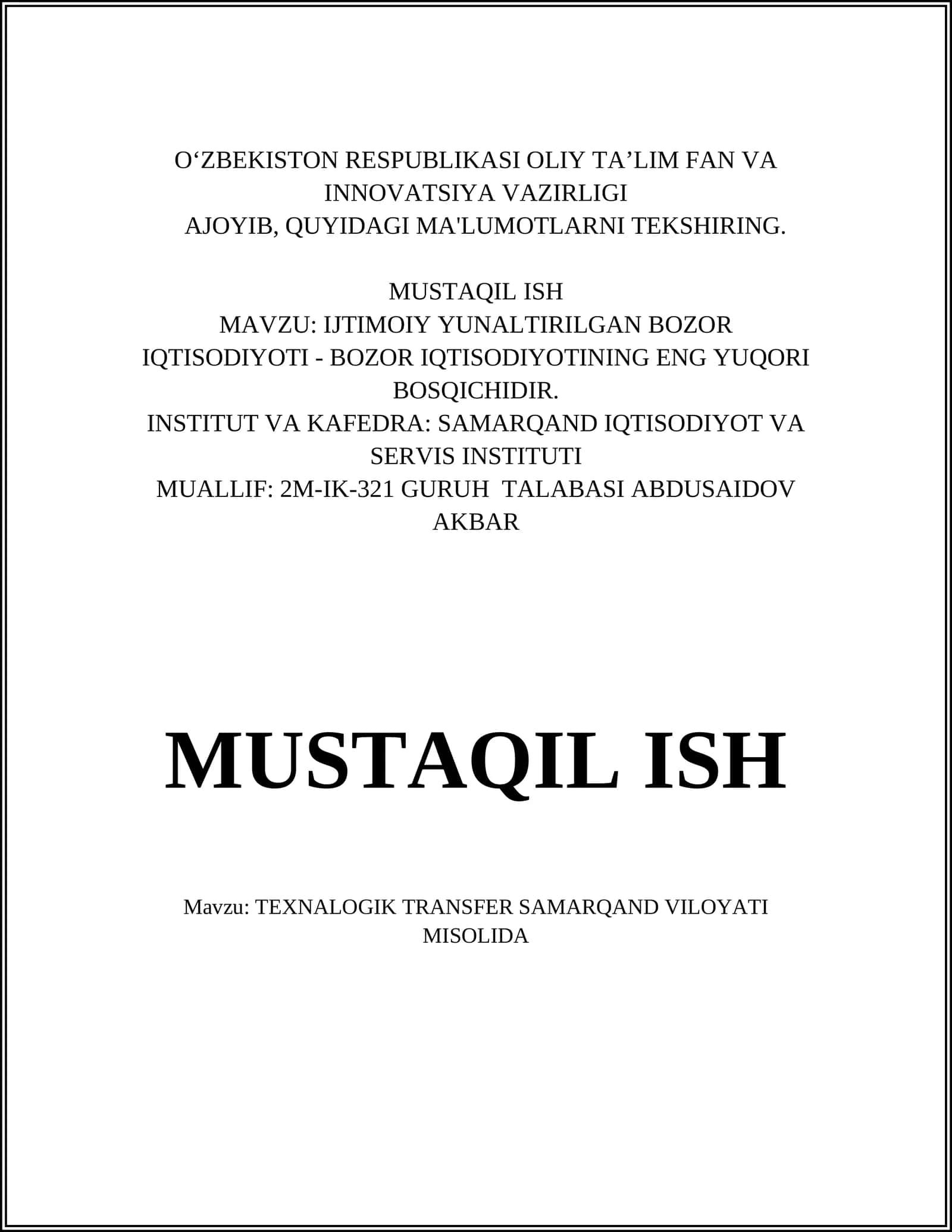TEXNALOGIK TRANSFER SAMARQAND VILOYATI MISOLIDA