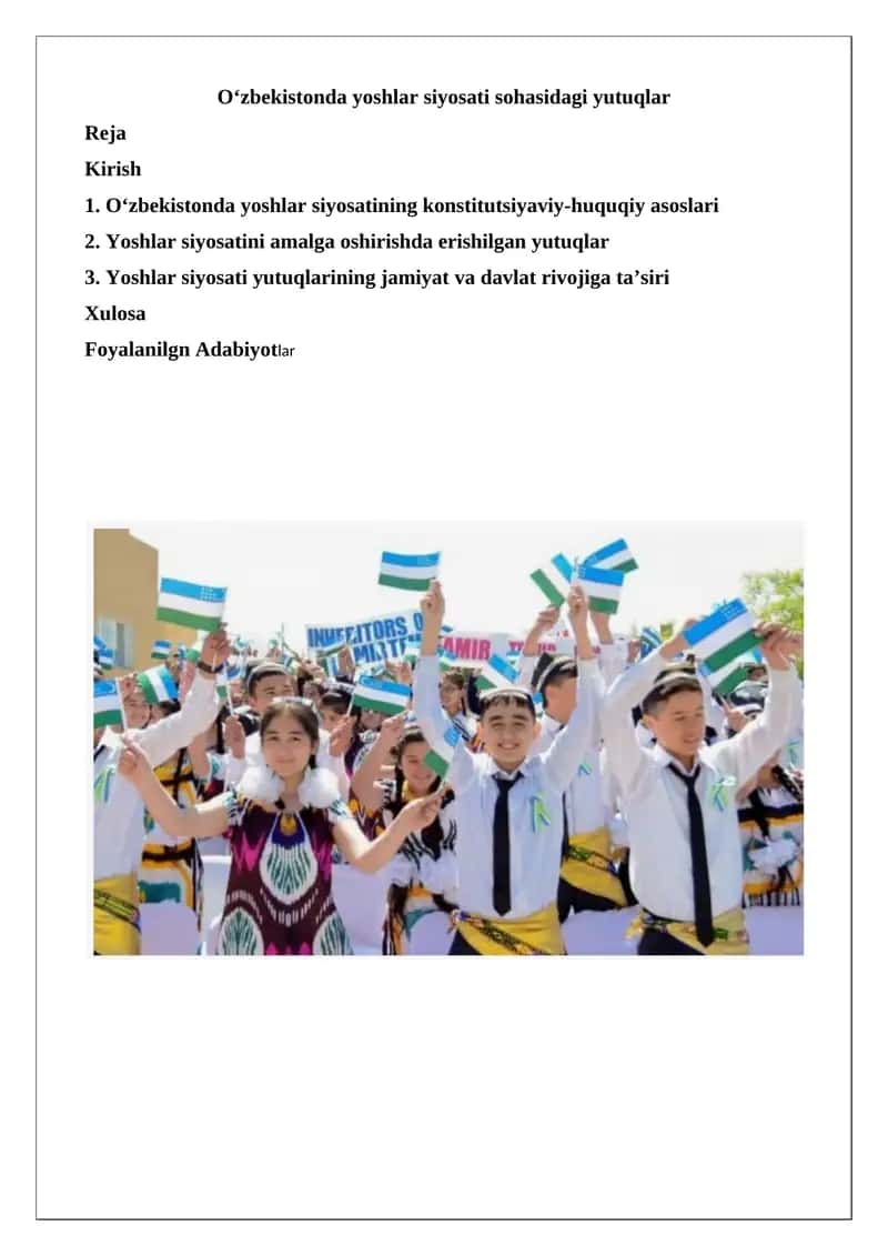 O‘zbekistonda yoshlar siyosati sohasidagi yutuqlar