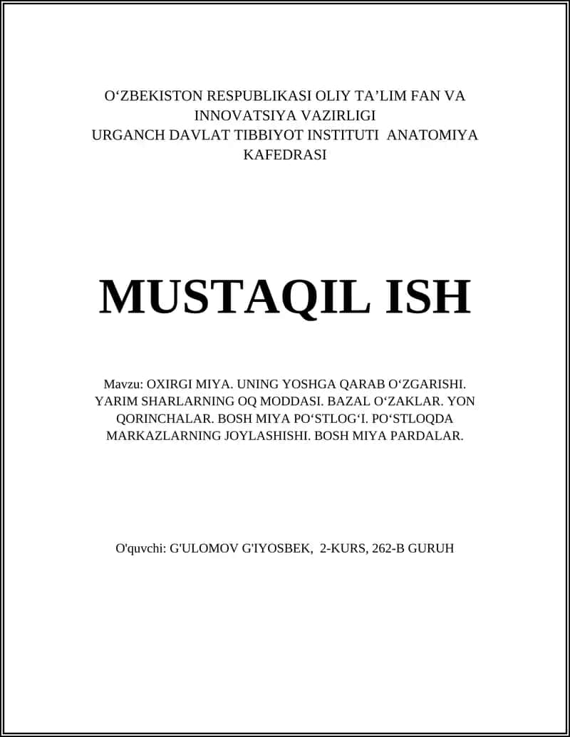 OXIRGI MIYA. UNING YOSHGA QARAB OʻZGARISHI