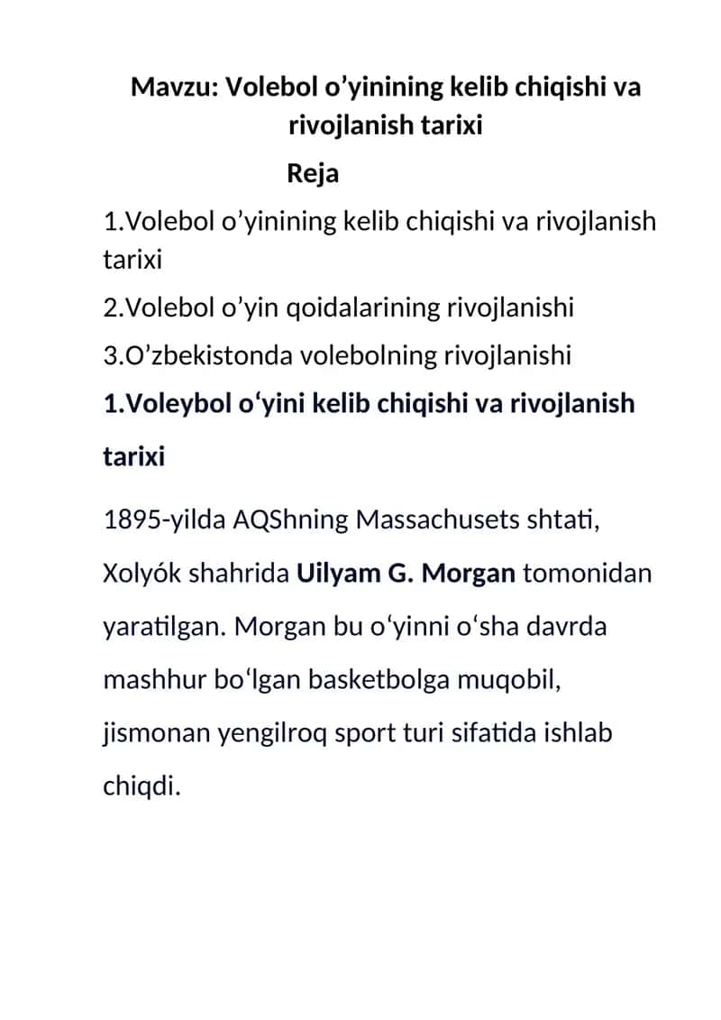 Volebol o’yinining kelib chiqishi va rivojlanish tarixi