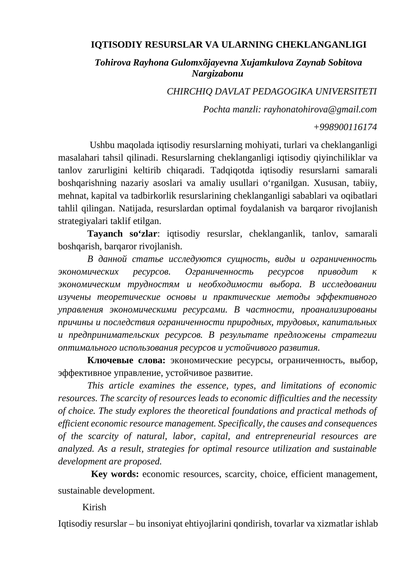 IQTISODIY RESURSLAR VA ULARNING CHEKLANGANLIGI
