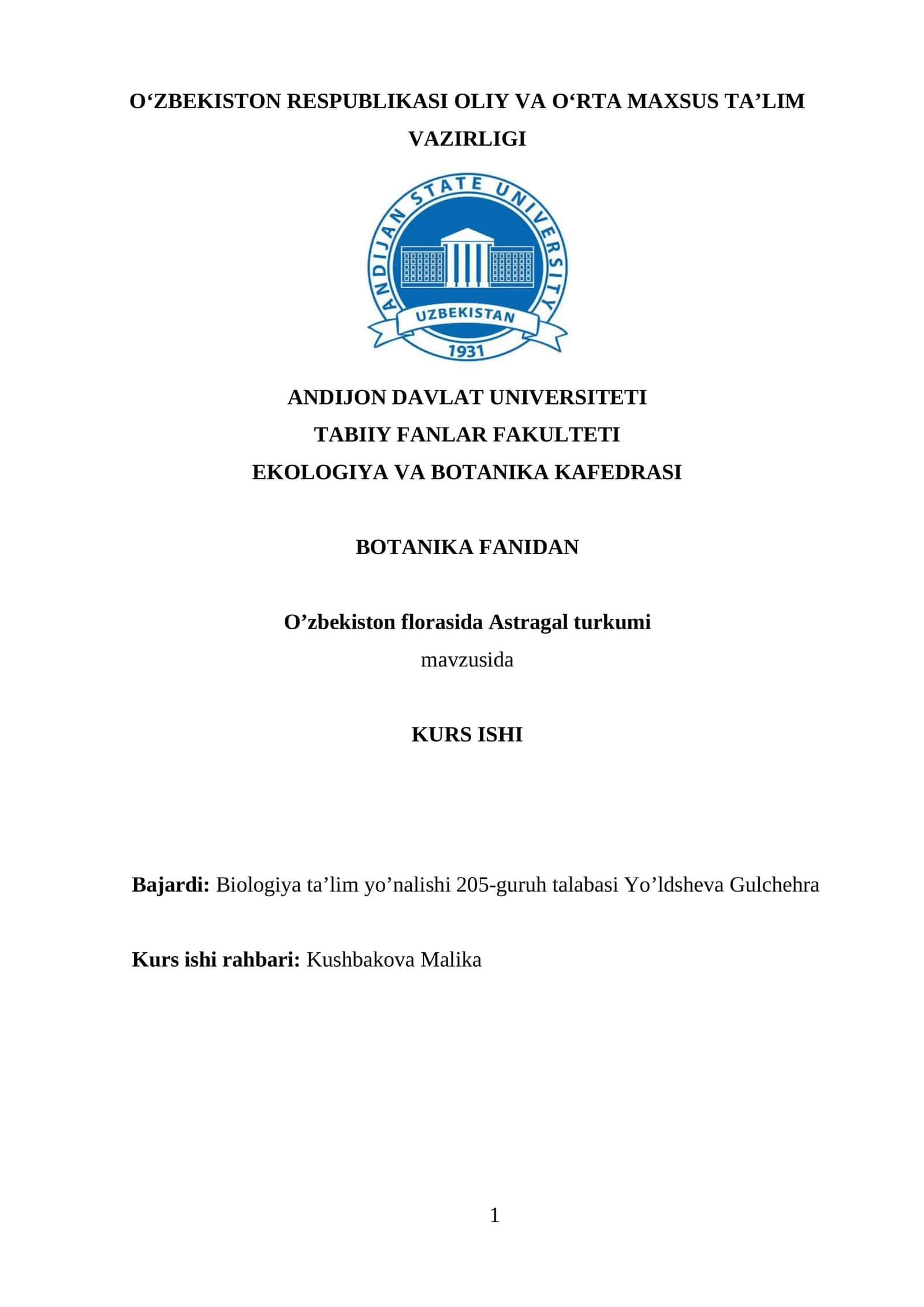 O’zbekiston florasida Astragal turkumi mavzusida KURS ISHI