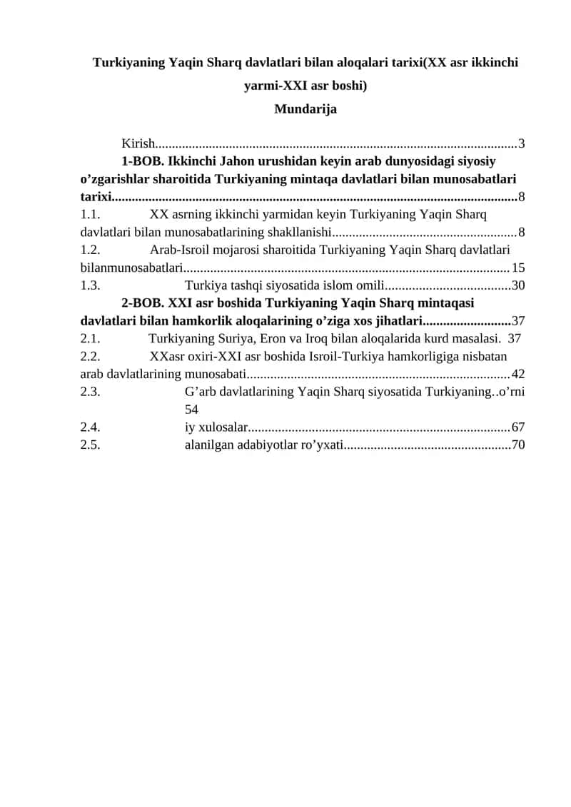 Turkiyaning Yaqin Sharq davlatlari bilan aloqalari tarixi(XX asr ikkinchi yarmi-XXI asr boshi)