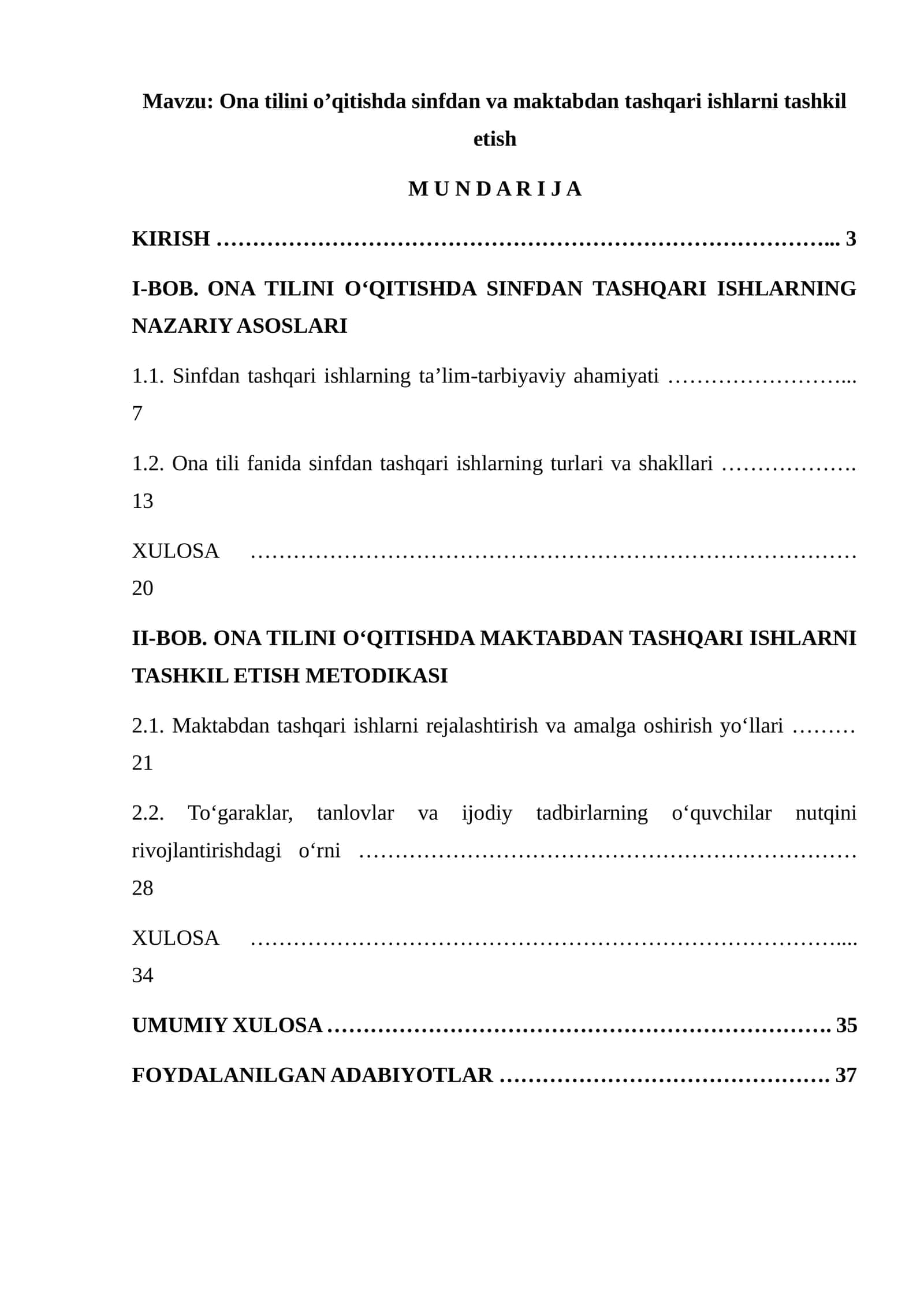 Ona tilini o’qitishda sinfdan va maktabdan tashqari ishlarni tashkil etish