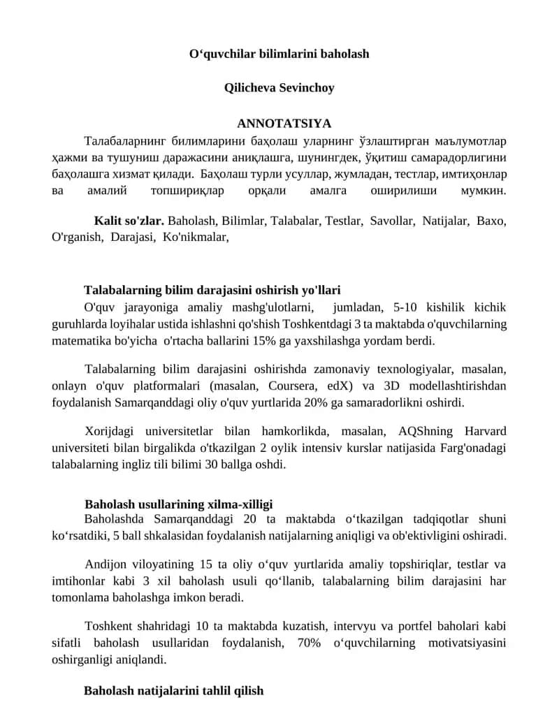 O‘quvchilar bilimlarini baholash