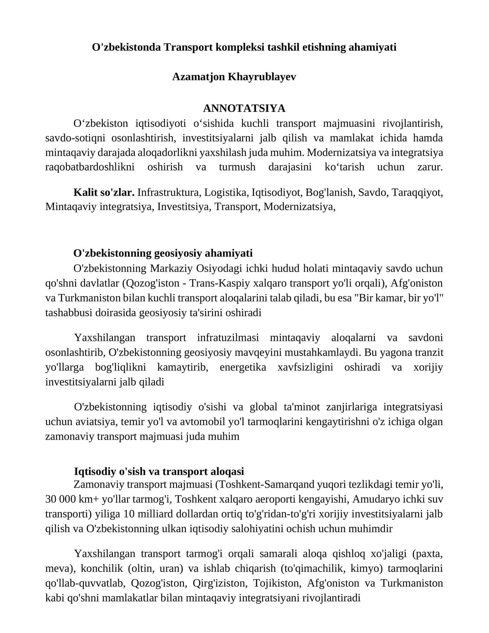 Oʻzbekistonda Transport kompleksi tashkil etishning ahamiyati
