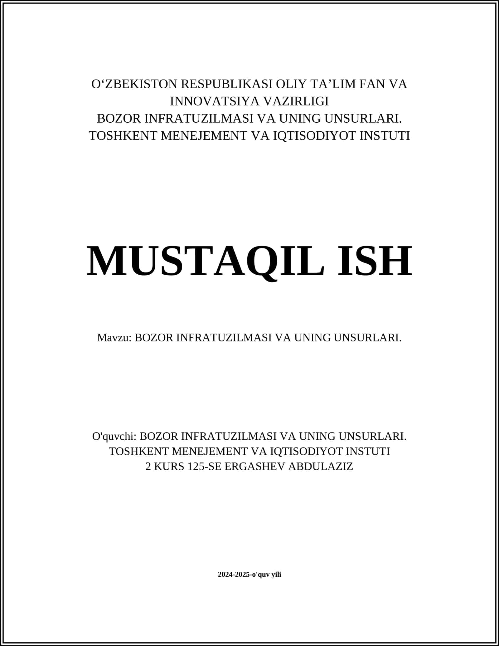 BOZOR INFRATUZILMASI VA UNING UNSURLARI