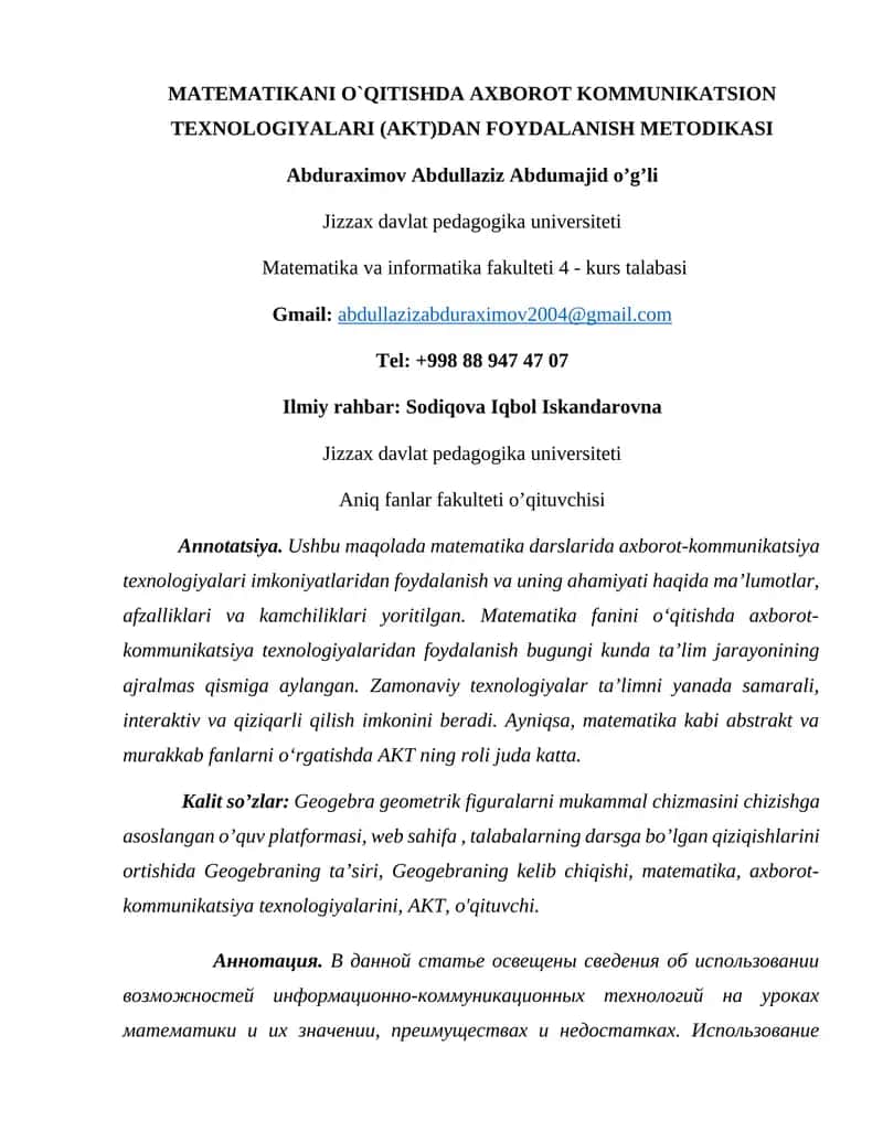 MATEMATIKANI O`QITISHDA AXBOROT KOMMUNIKATSION TEXNOLOGIYALARI (AKT)DAN FOYDALANISH METODIKASI