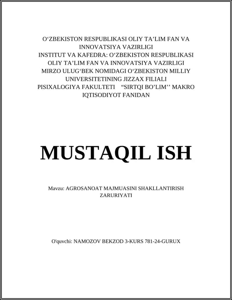 AGROSANOAT MAJMUASINI SHAKLLANTIRISH ZARURIYATI