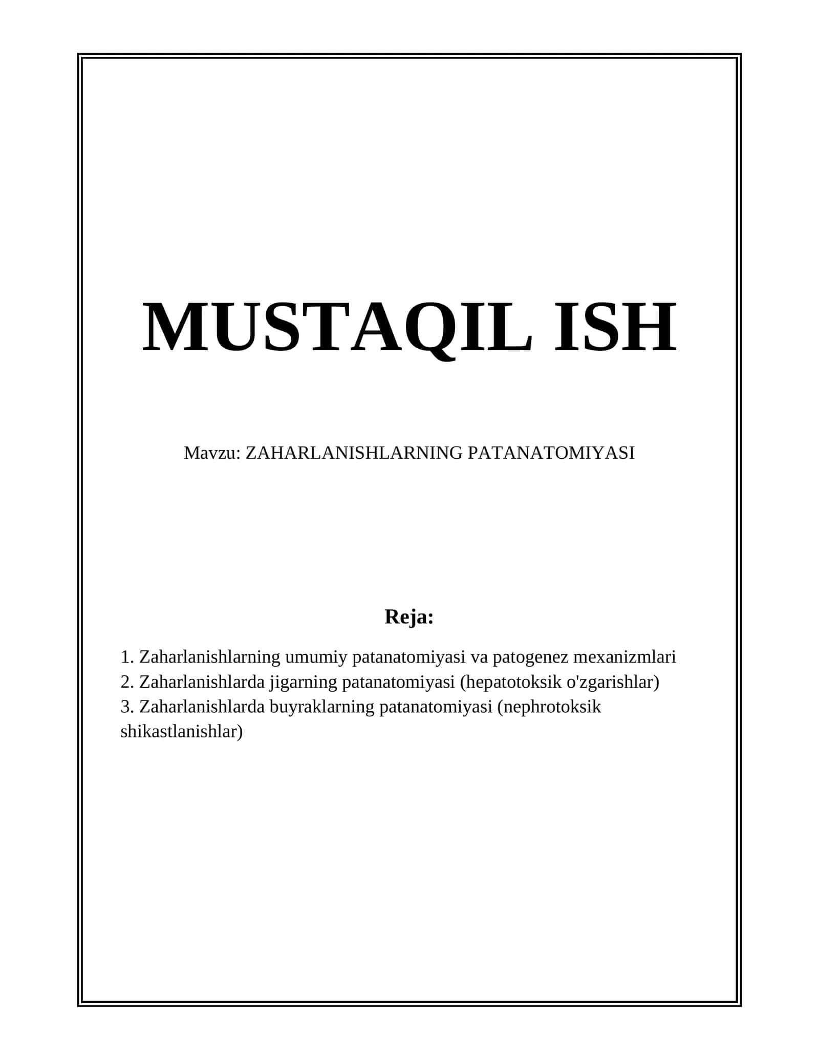 ZAHARLANISHLARNING PATANATOMIYASI