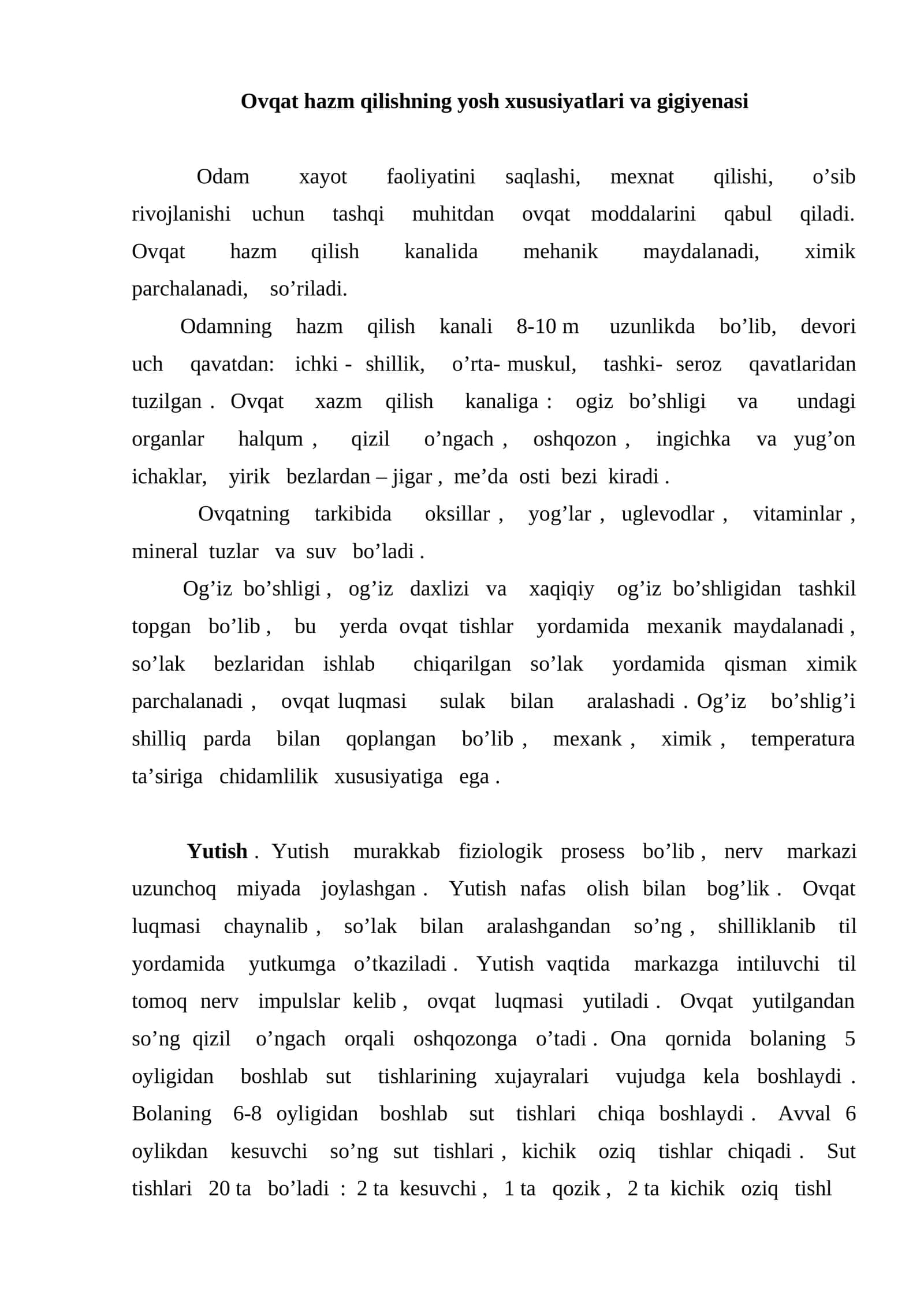 Ovqat hazm qilishning yosh xususiyatlari va gigiyenasi