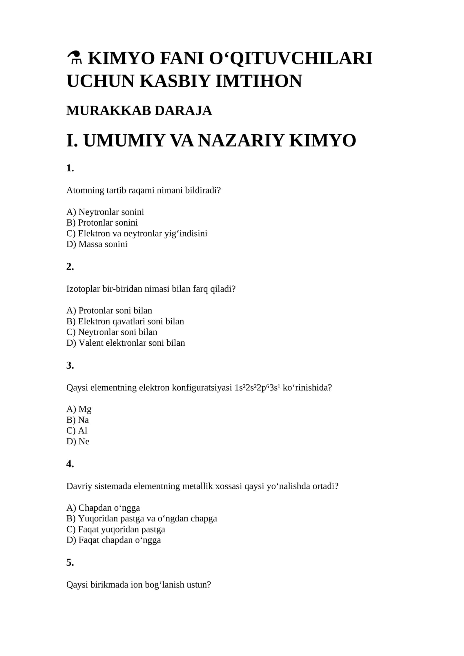 KIMYO FANI O‘QITUVCHILARI UCHUN KASBIY IMTIHON MURAKKAB DARAJA