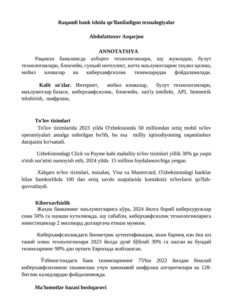 Raqamli bank ishida qo'llaniladigon texnalogiyalar