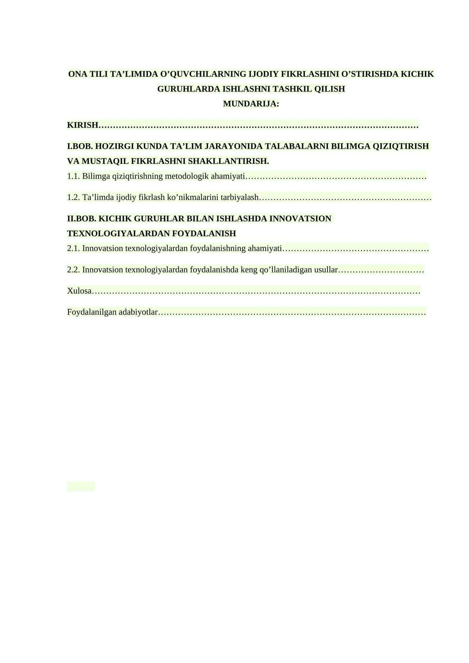 KICHIK GURUHLAR BILAN ISHLASHDA INNOVATSION TEXNOLOGIYALARDAN FOYDALANISH