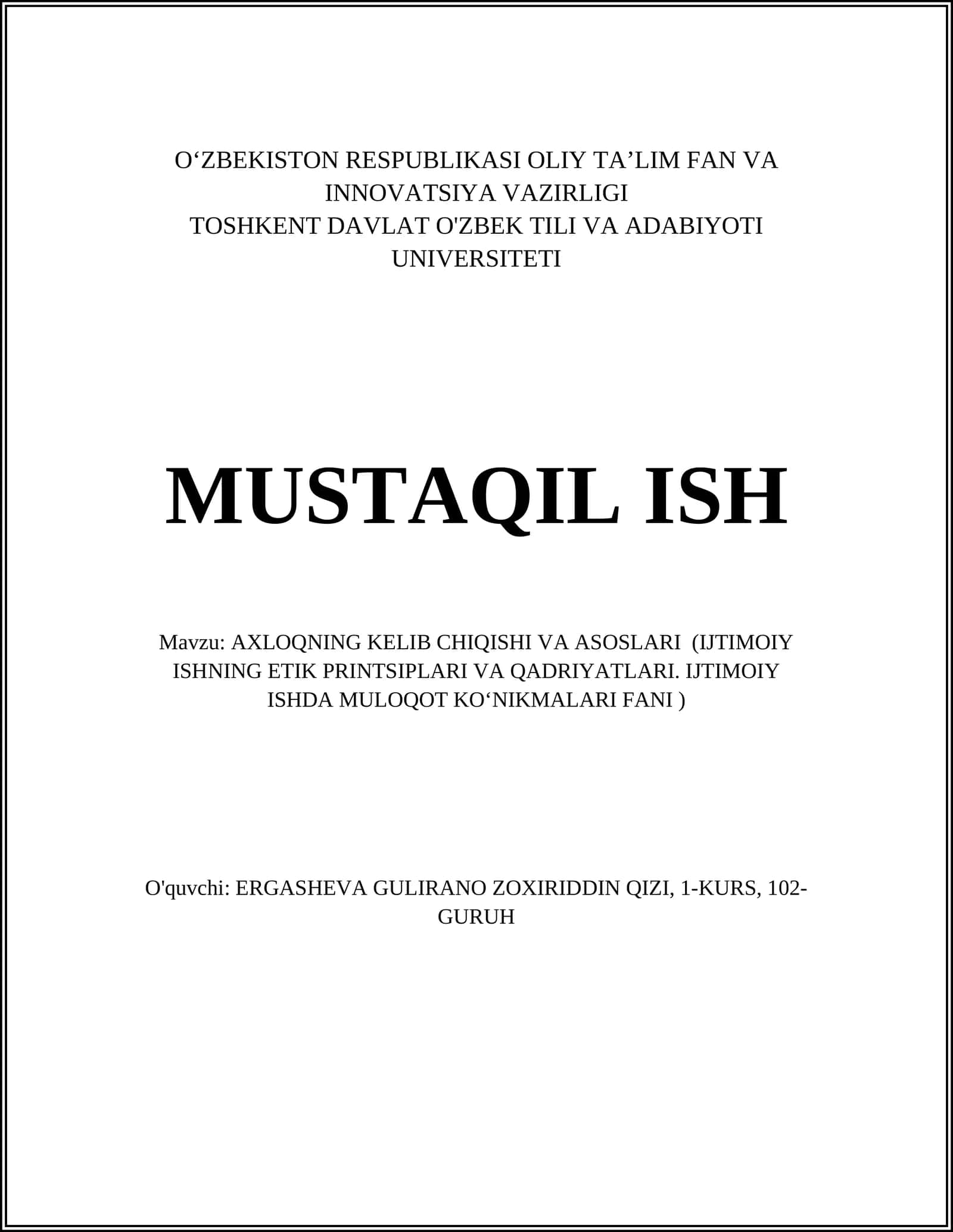 AXLOQNING KELIB CHIQISHI VA ASOSLARI
