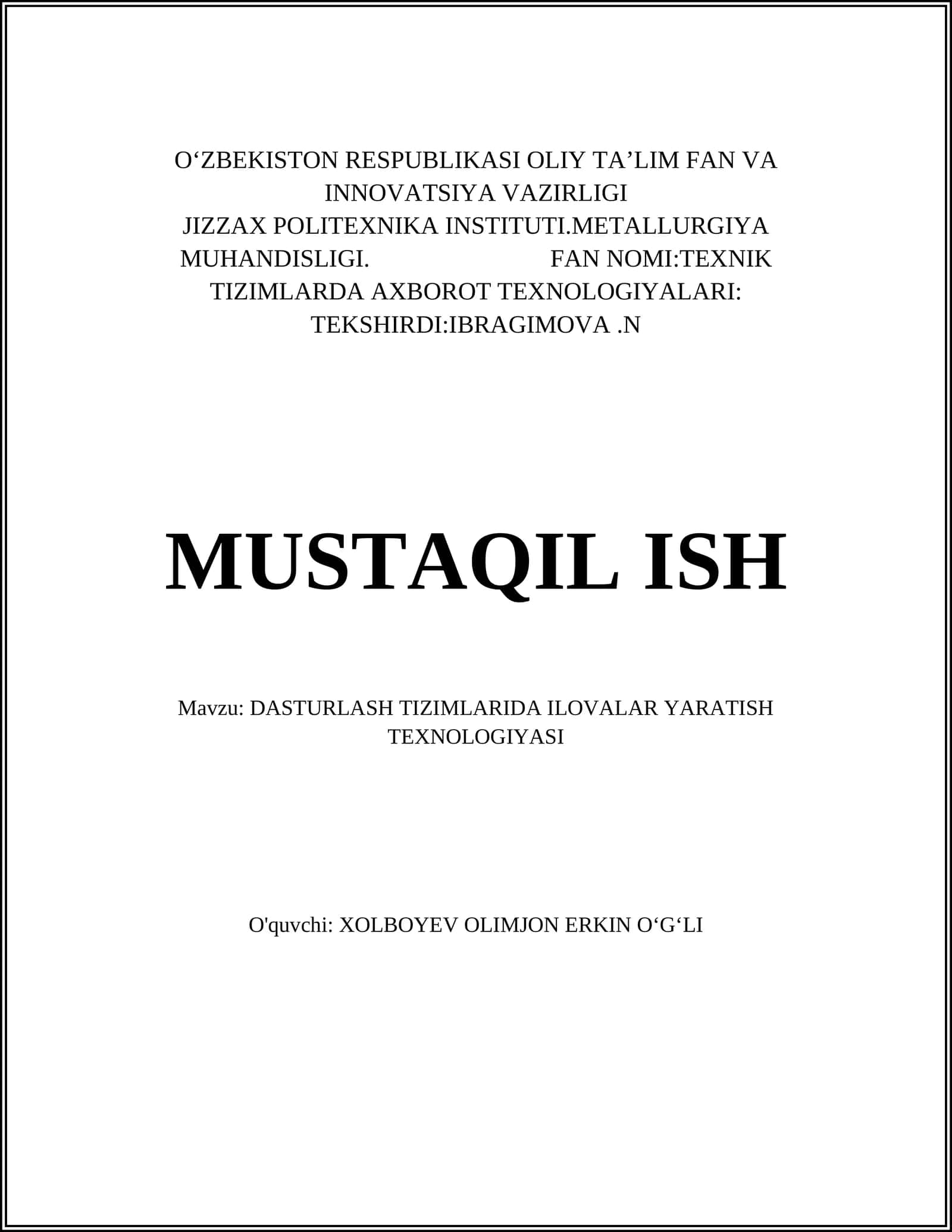 DASTURLASH TIZIMLARIDA ILOVALAR YARATISH TEXNOLOGIYASI