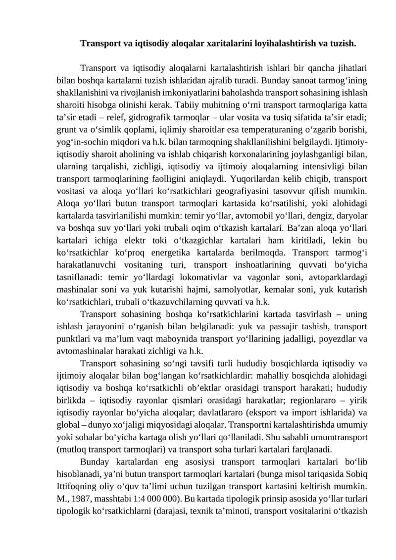 Transport va iqtisodiy aloqalar xaritalarini loyihalashtirish va tuzish