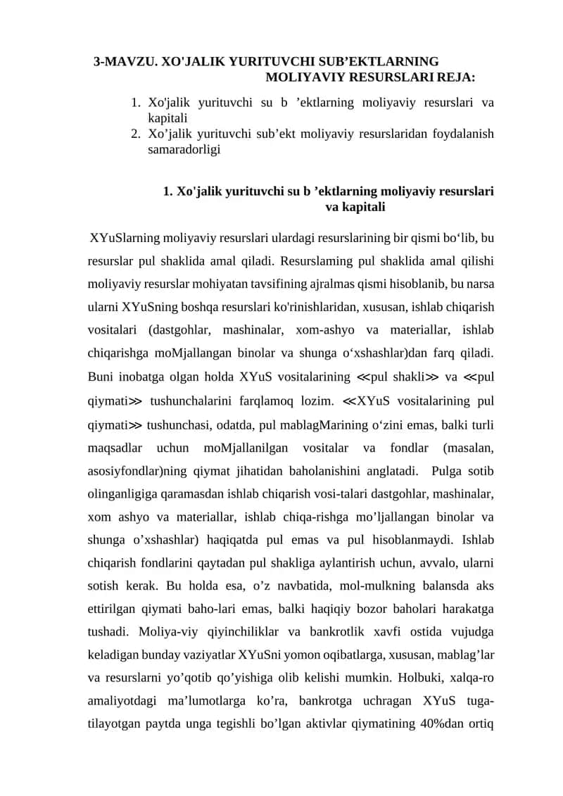Xo'jalik Yurituvchi Sub’ektlarning Moliyaviy Resurslari Reja