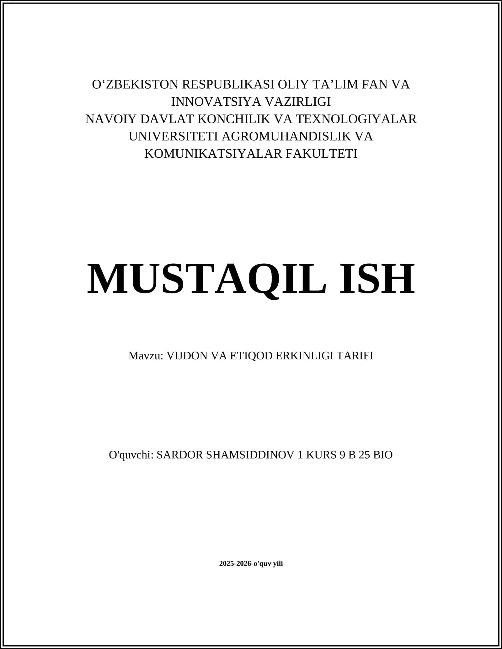VIJDON VA ETIQOD ERKINLIGI TARIFI