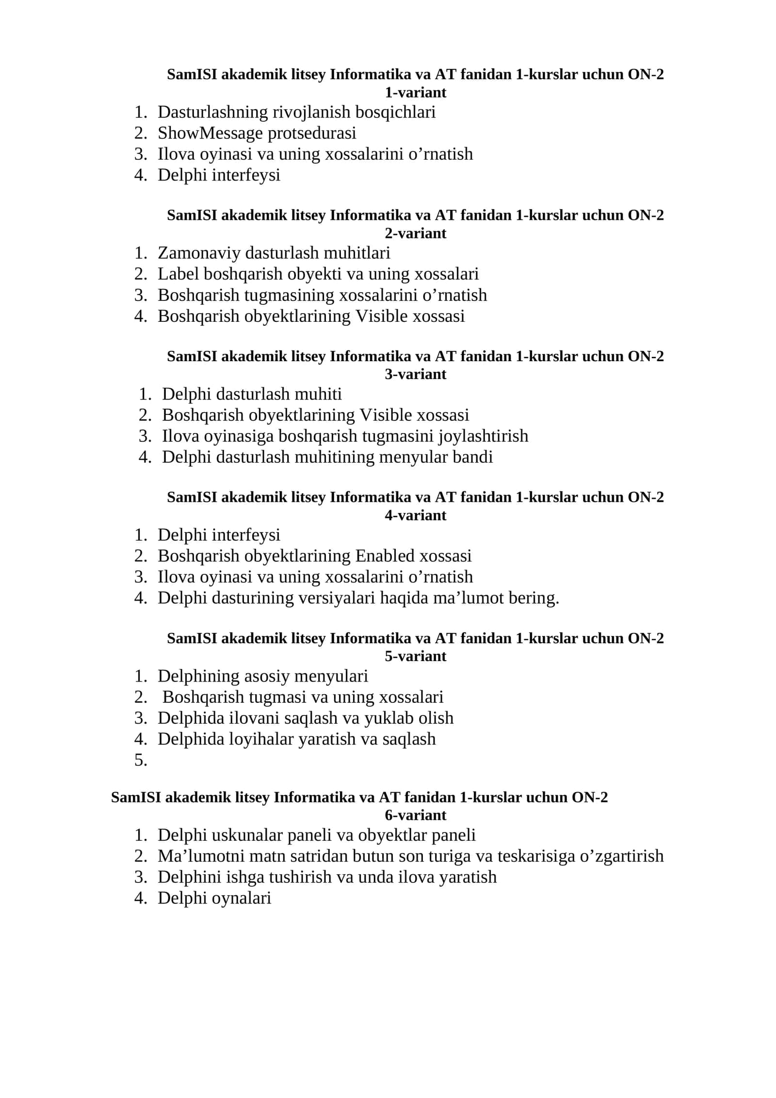 SamISI akademik litsey Informatika va AT fanidan 1-kurslar uchun ON-2