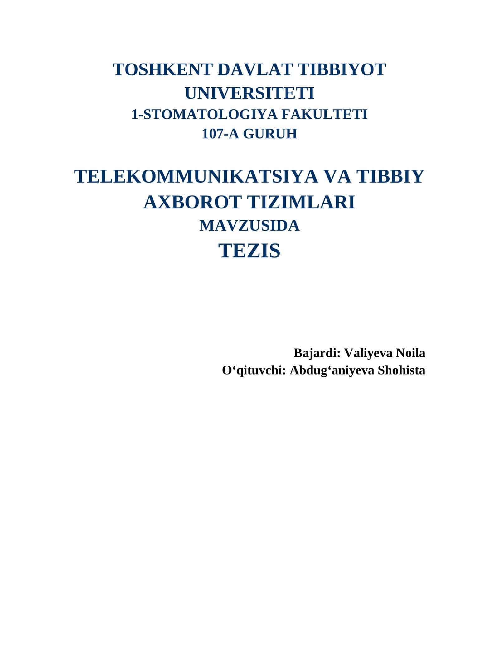 TELEKOMMUNIKATSIYA VA TIBBIY AXBOROT TIZIMLARI