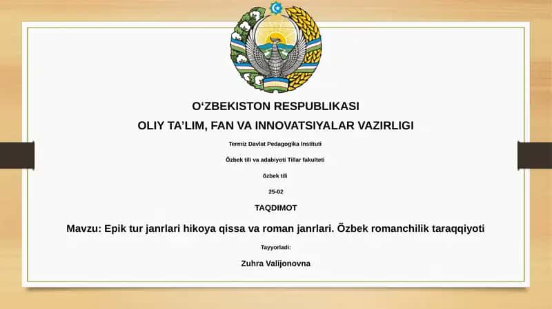 Epik tur janrlari hikoya qissa va roman janrlari. Õzbek romanchilik taraqqiyoti