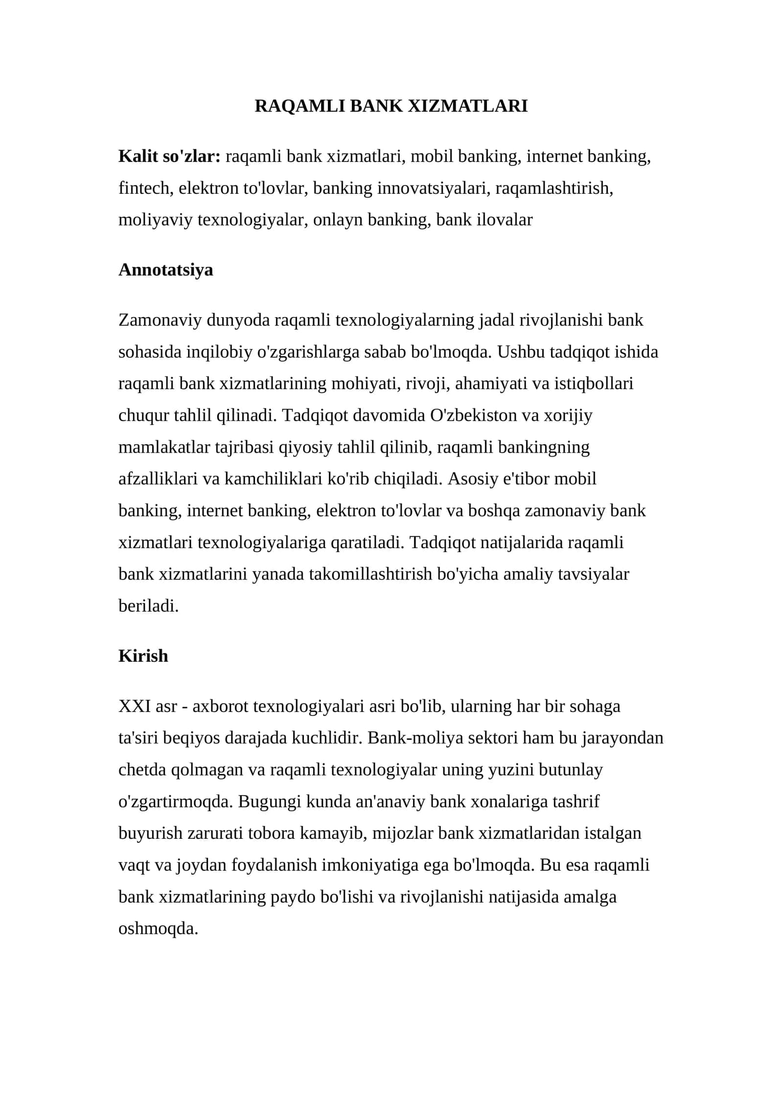RAQAMLI BANK XIZMATLARI