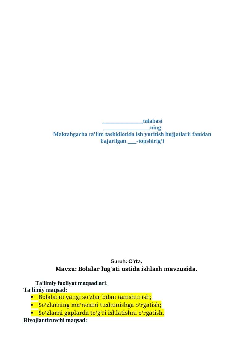 Bolalar lugʻati ustida ishlash