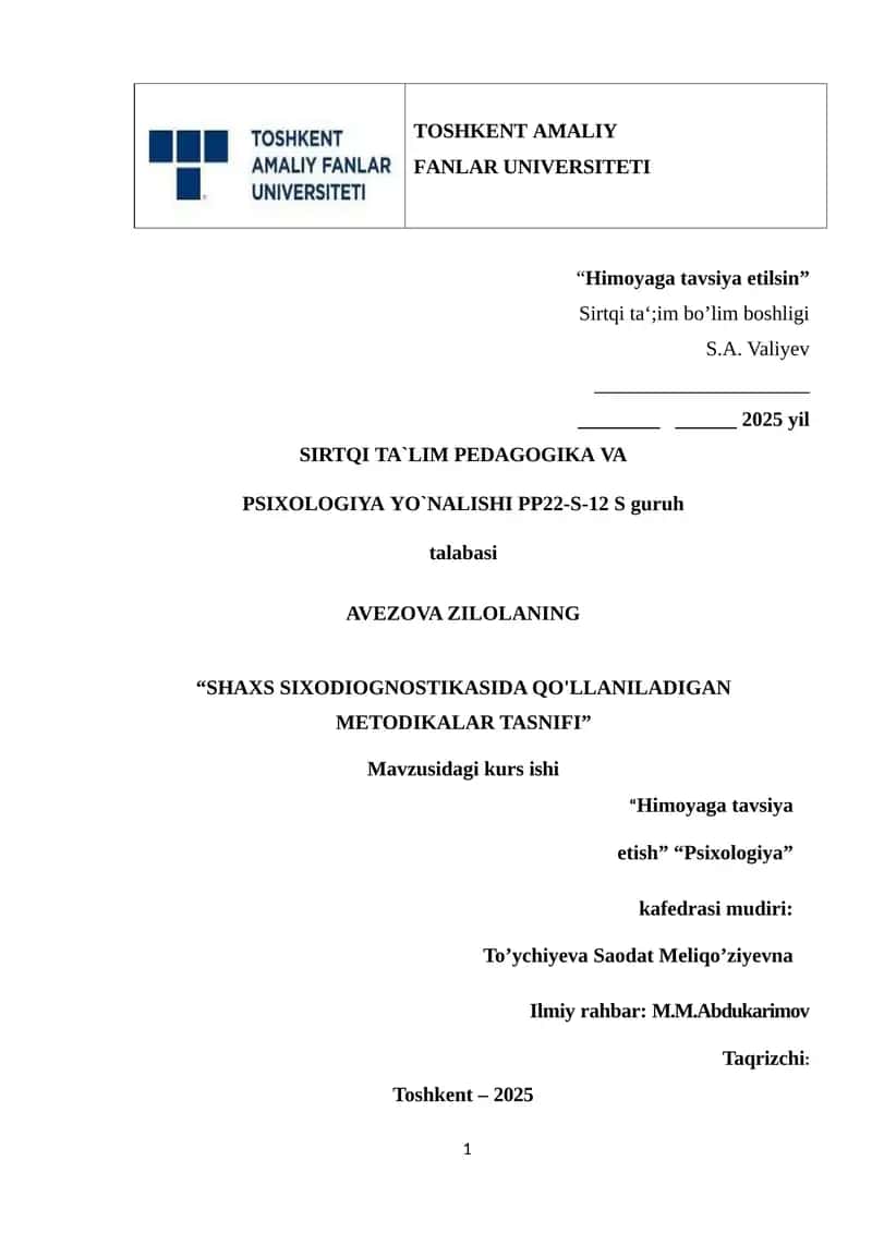 SHAXS SIXODIOGNOSTIKASIDA QO'LLANILADIGAN METODIKALAR TASNIFI.