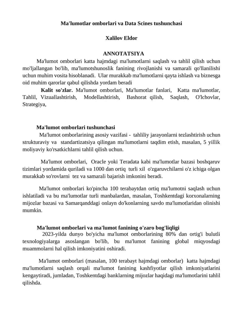 Ma'lumotlar omborlari va Data Scines tushunchasi