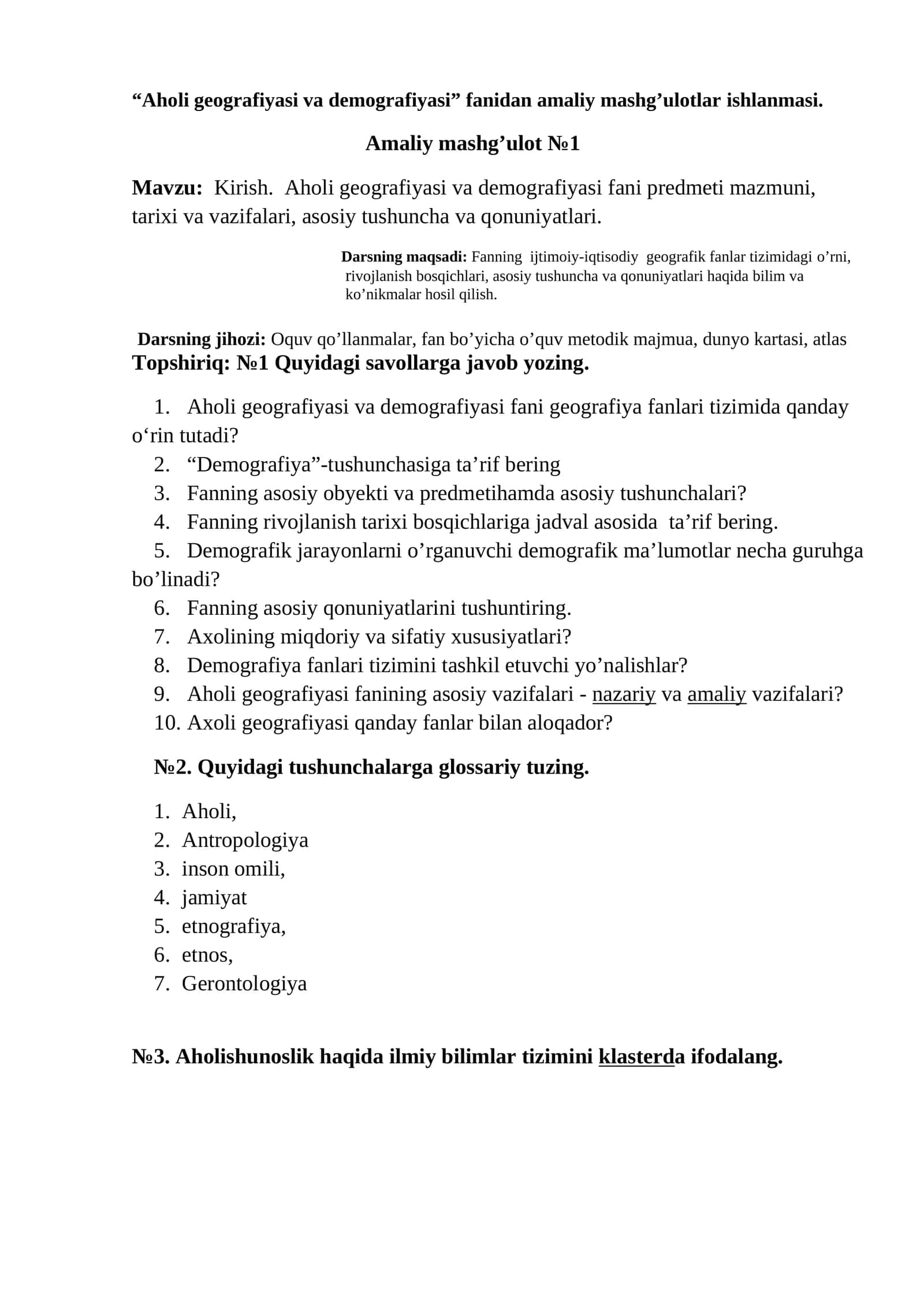 Aholi geografiyasi va demografiyasi amaliy mashg'ulotlar ishlanmasi