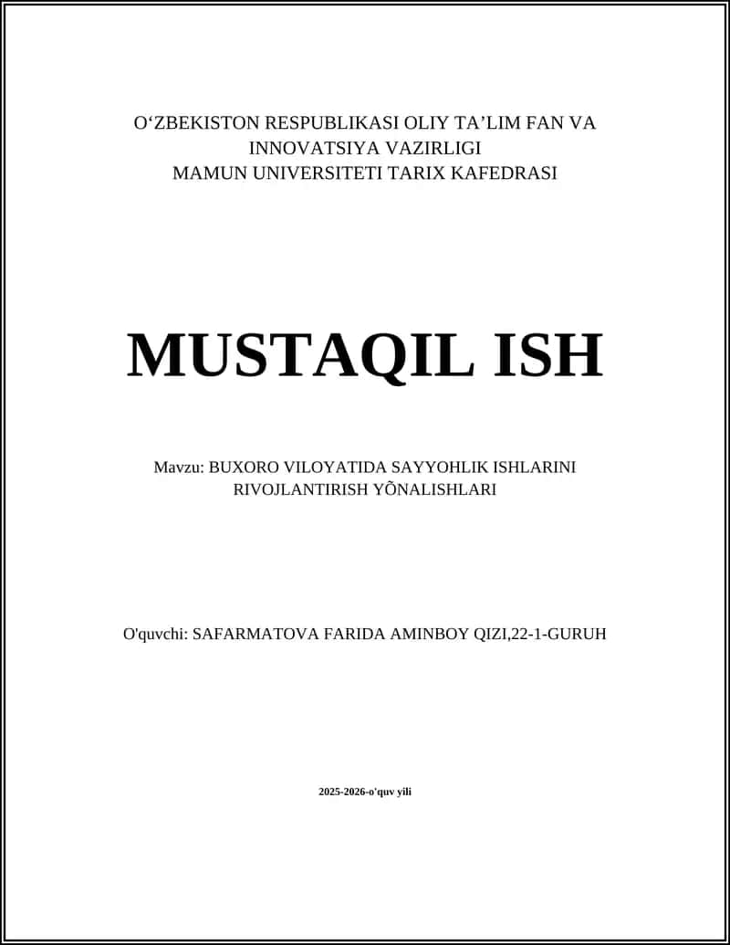Buxoro Viloyatida Sayyohlik Ishlarini Rivojlantirish Yo'nalishlari