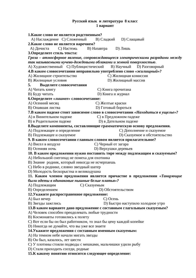 Русский язык и литература 8 класс