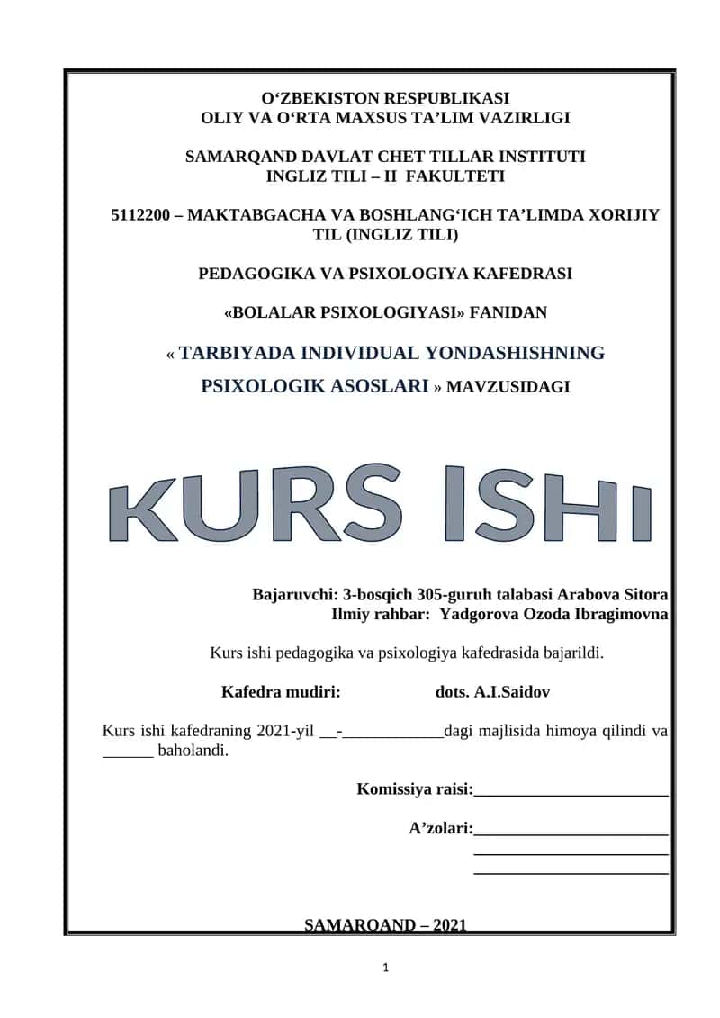 "Tarbiyada Individual Yondashishning Psixologik Asoslari" Kurs Ishi