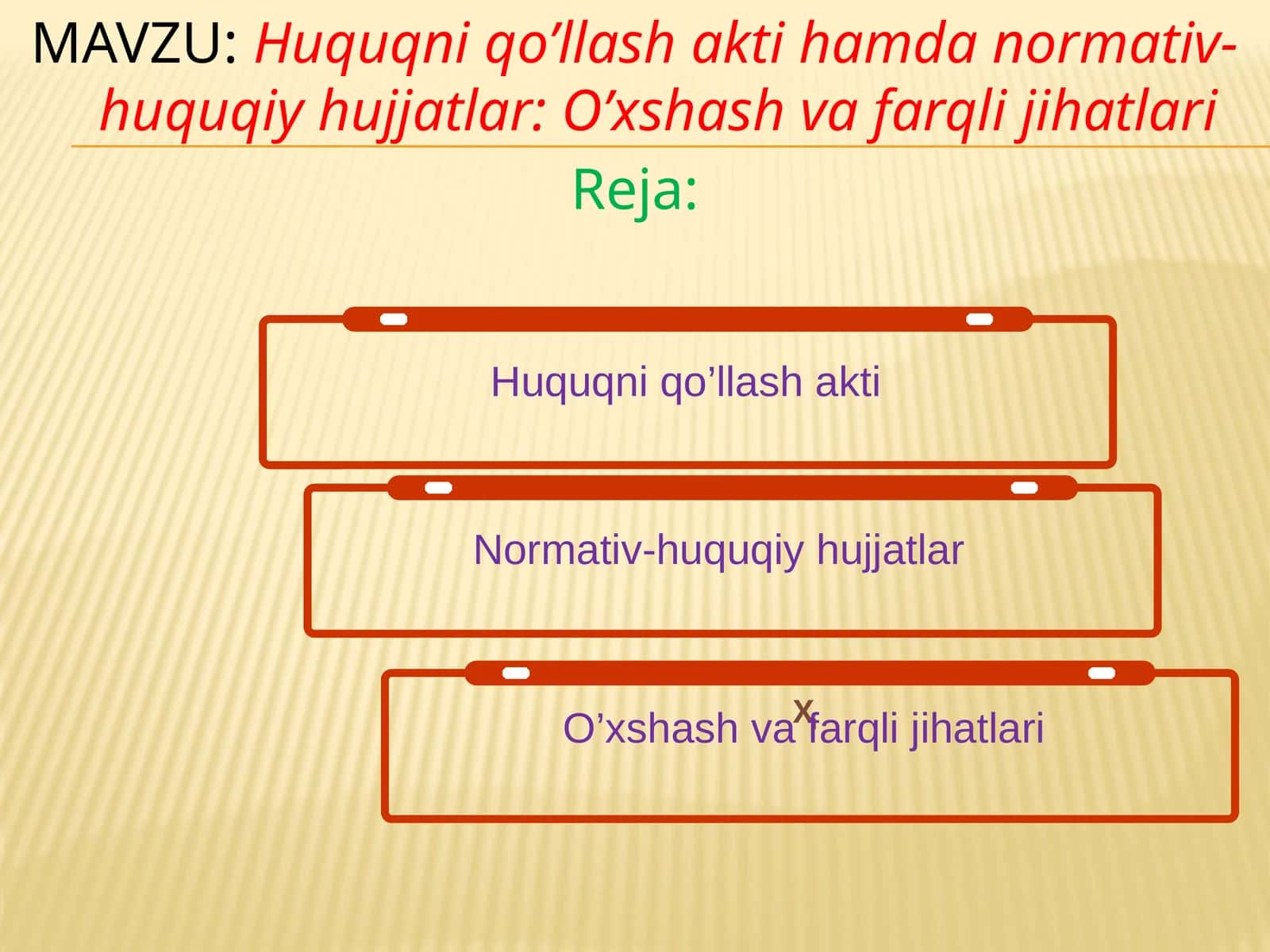 Huquqni qo’llash akti hamda normativ- huquqiy hujjatlar O’xshash va farqli jihatlari