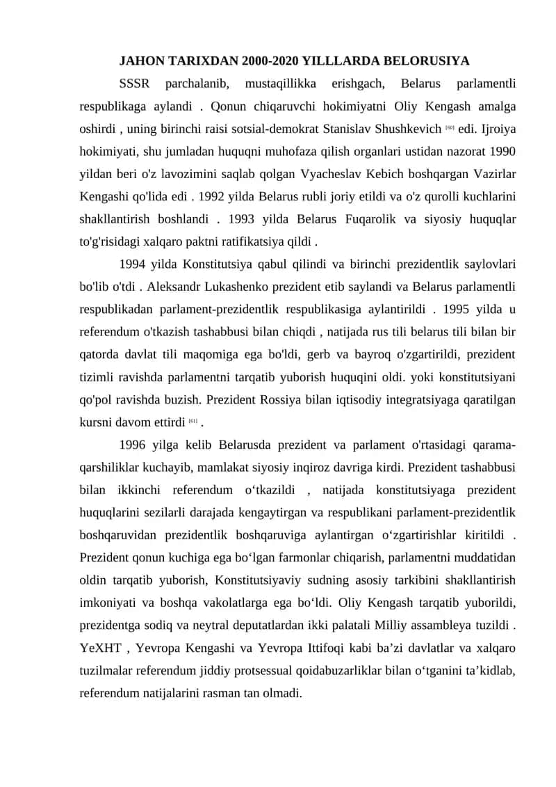 JAHON TARIXDAN 2000-2020 YILLLARDA BELORUSIYA