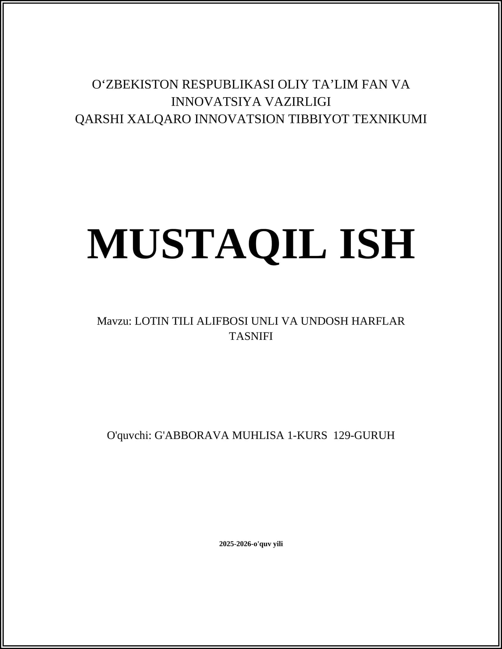 LOTIN TILI ALIFBOSI UNLI VA UNDOSH HARFLAR TASNIFI