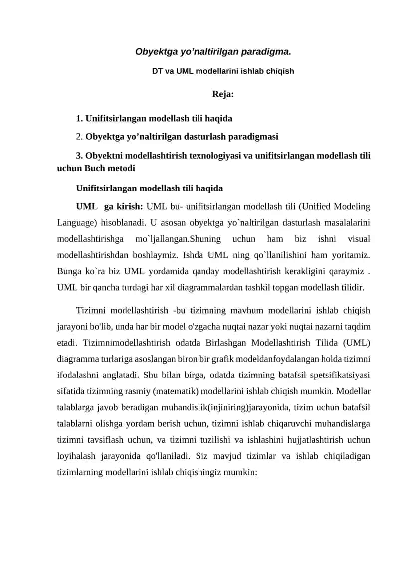 Obyektga yo’naltirilgan paradigma. DT va UML modellarini ishlab chiqish