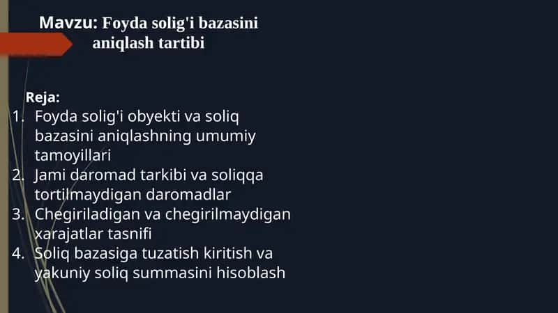 Foyda solig'i bazasini aniqlash tartibi