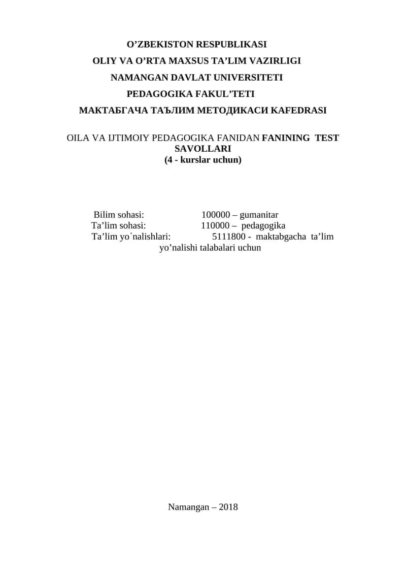 OILA VA IJTIMOIY PEDAGOGIKA FANIDAN FANINING TEST SAVOLLARI
