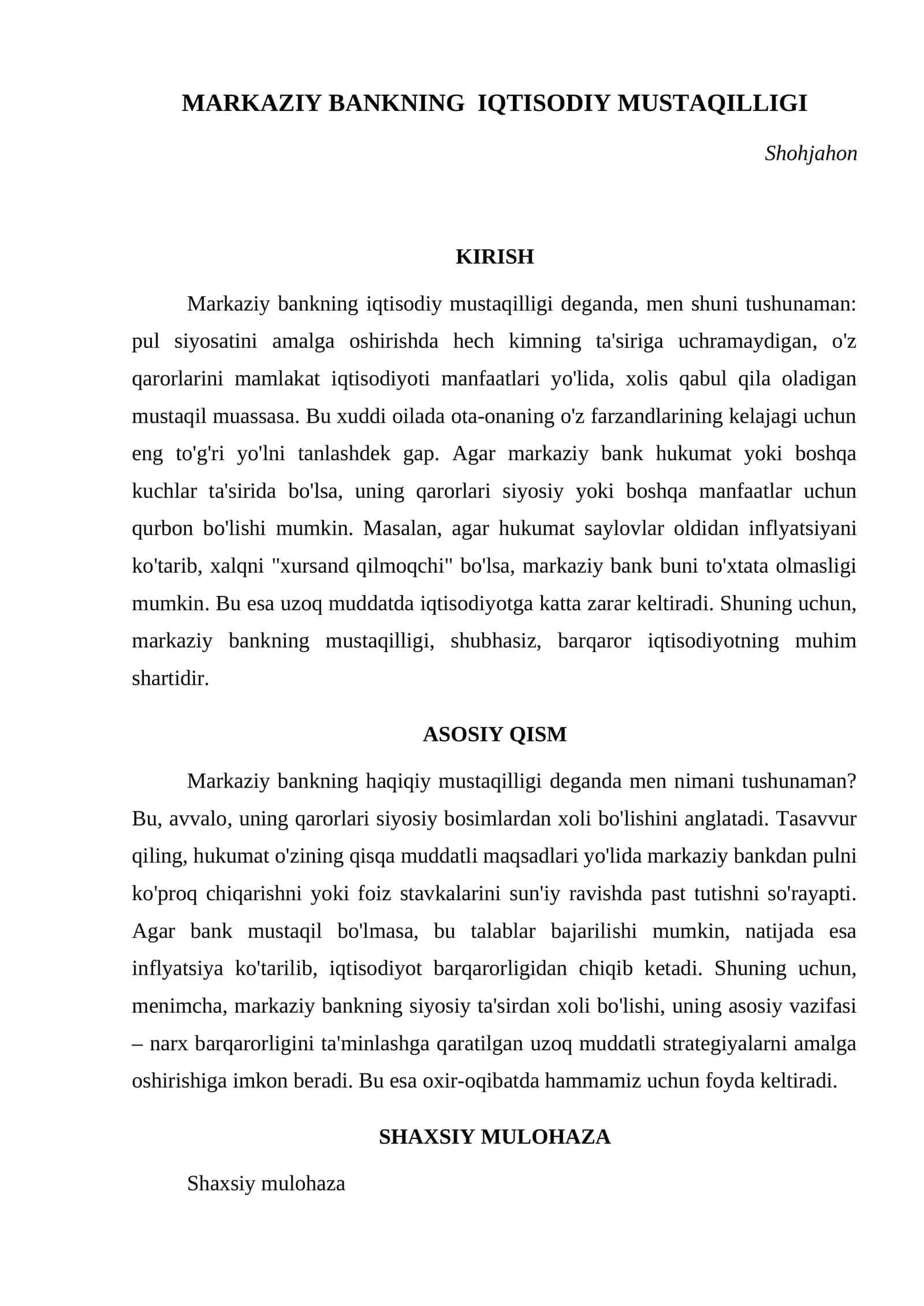 MARKAZIY BANKNING IQTISODIY MUSTAQILLIGI