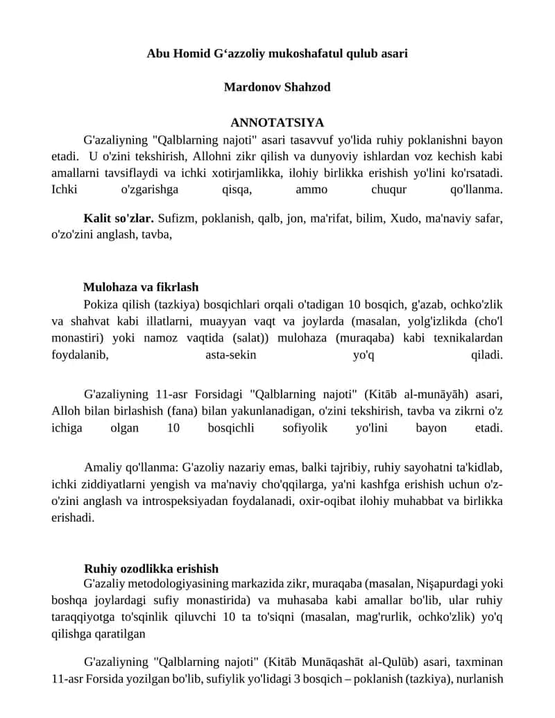 Abu Homid Gʻazzoliy mukoshafatul qulub asari