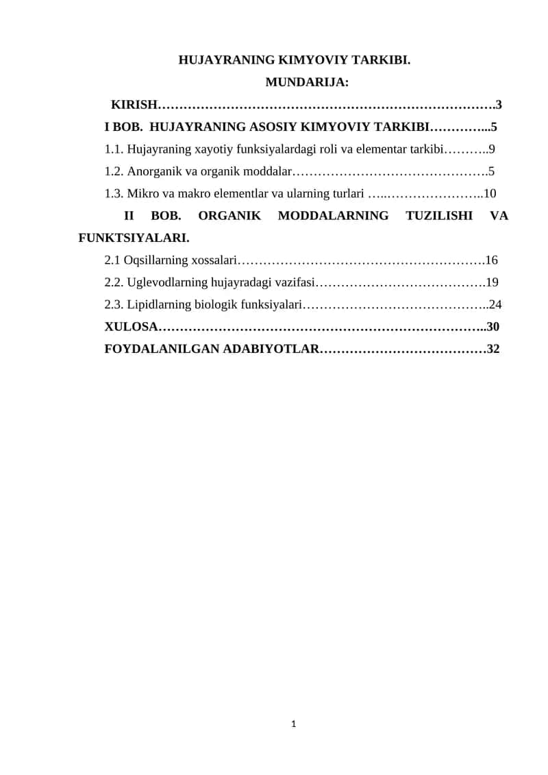 Hujayraning Kimyoviy Tarkibi