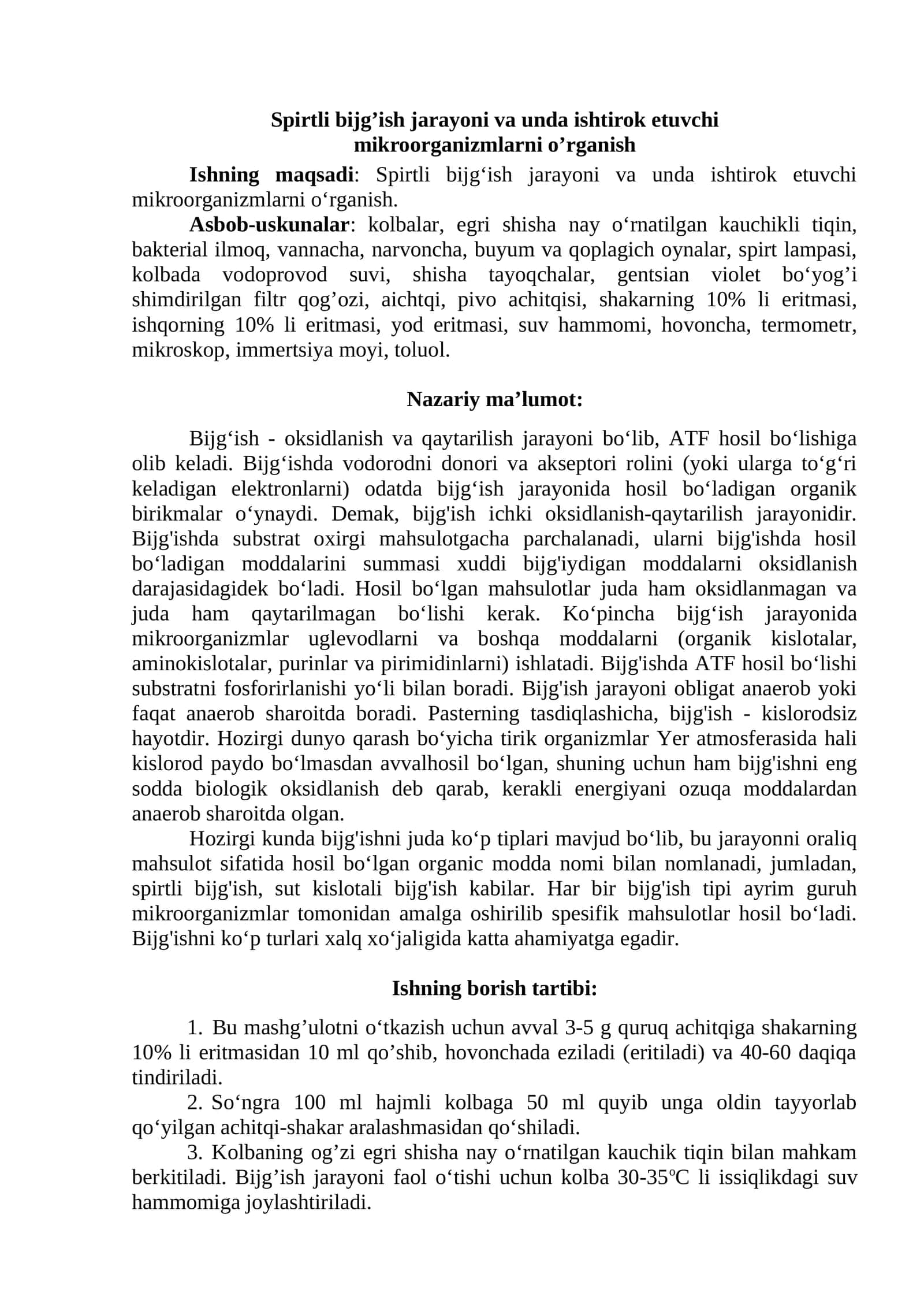 Spirtli bijg‘ish jarayoni va unda ishtirok etuvchi mikroorganizmlarni o’rganish