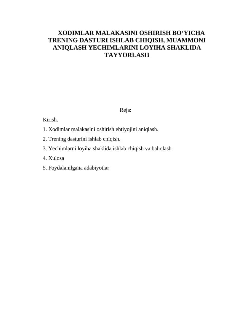 Xodimlar malakasini oshirish boʻyicha trening dasturi ishlab chiqish