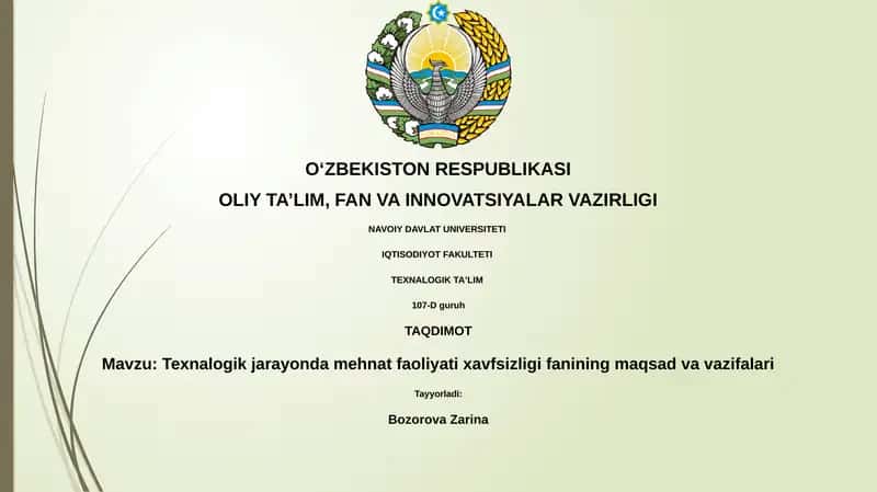 Texnalogik jarayonda mehnat faoliyati xavfsizligi fanining maqsad va vazifalari